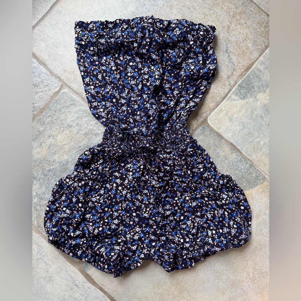 Y2K 2000s Blue Floral Ditzy Strapless Tube Top Romper Cinched Waist & Tie Detail